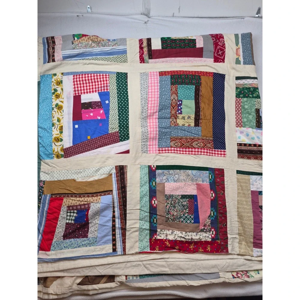 Handmade Log Cabin Patchwork Quilt Folk Art Cabin Blanket Tattered Worn 84X87